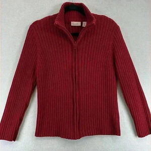 Preview International Women's Cardigan Sweater XL Red Zip-Up Ribbed Cotton Knit